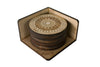 Wooden coaster set. Coasters have a wheel design laser etched into the surface. There are many coasters in a stack, contained by a 3-sided holder.