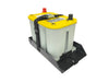 Optima yellow top D35 battery shown inside the mounting tray. A black strap secures the battery to the black tray.