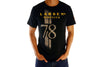 Front view of model wearing Larsen's Biscuits tee.  Larsen's Biscuits is written in yellow across the top. A pair of grey vertical stripes and the number 78 create the main design.