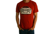 Front view of model wearing "Maxine E30" tee in red. The design on the front features a white BMW E30.