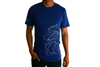 Front of model wearing blue Big Brake tee. Graphic of an exploded view of a brake system is in white.