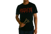 Model wearing Red Eye Garage logo tee. The logo is in red against a black tee. The model is holding two combination wrenches,